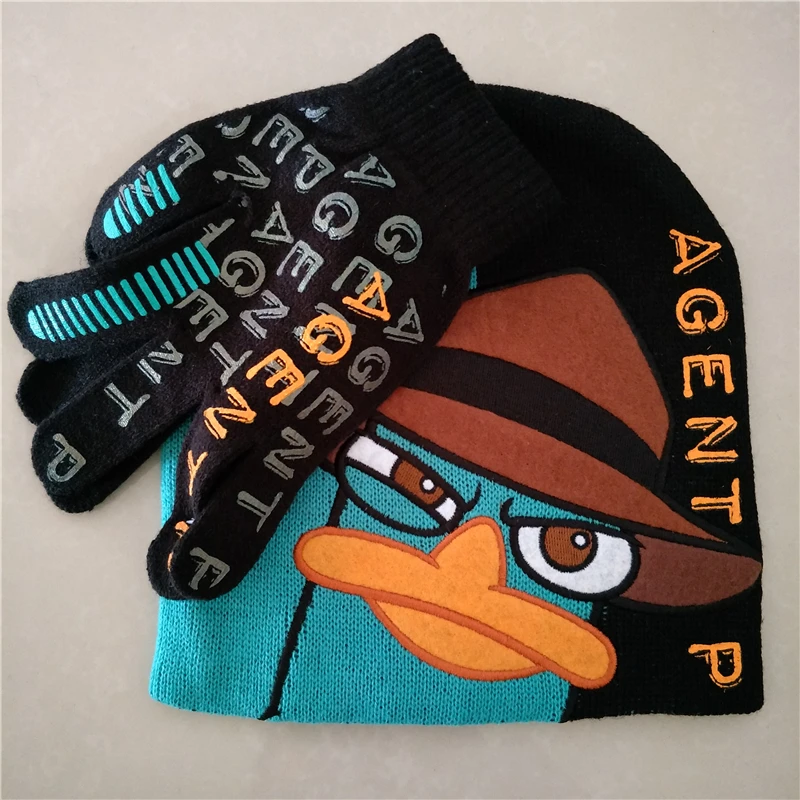 Phinas Ferb/зимние шапки с героями мультфильмов; Perry The Platypus Agent P; Детские кепки для мальчиков; Gorro Masculino Bones Skullies Beanies с перчатками