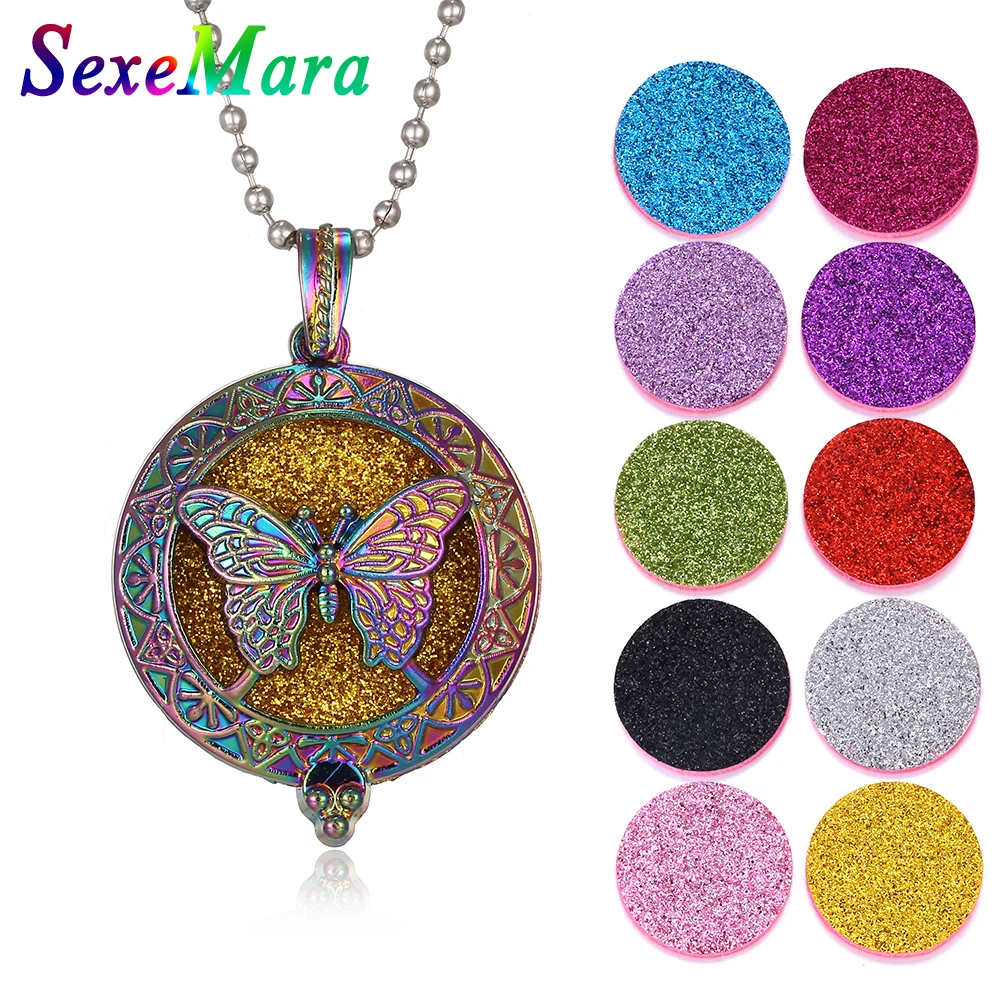 

New Colorful Aromatherapy Necklace Vintage Shining Butterfly Essential Oil Diffuser Necklace Perfume Pendant Necklace