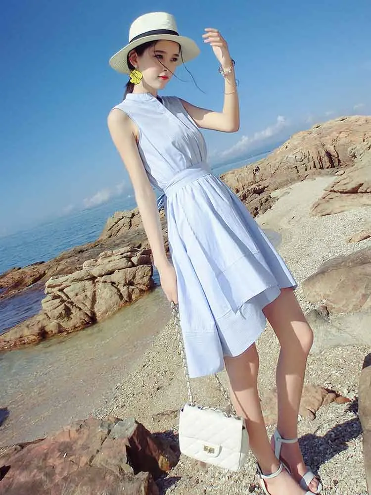 Mishow Летнее синие однотонное пляжное платье трапециевидной формы с бантом MX16B1670 - Цвет: Синий