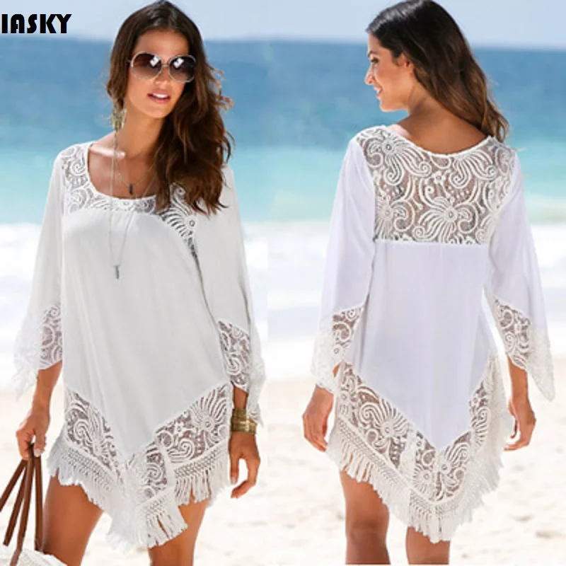 IASKY Beach Dress Lace Tassel Bikini Kaftan Pareo Sarongs Swimwear Tunic Swimsuit Bathing