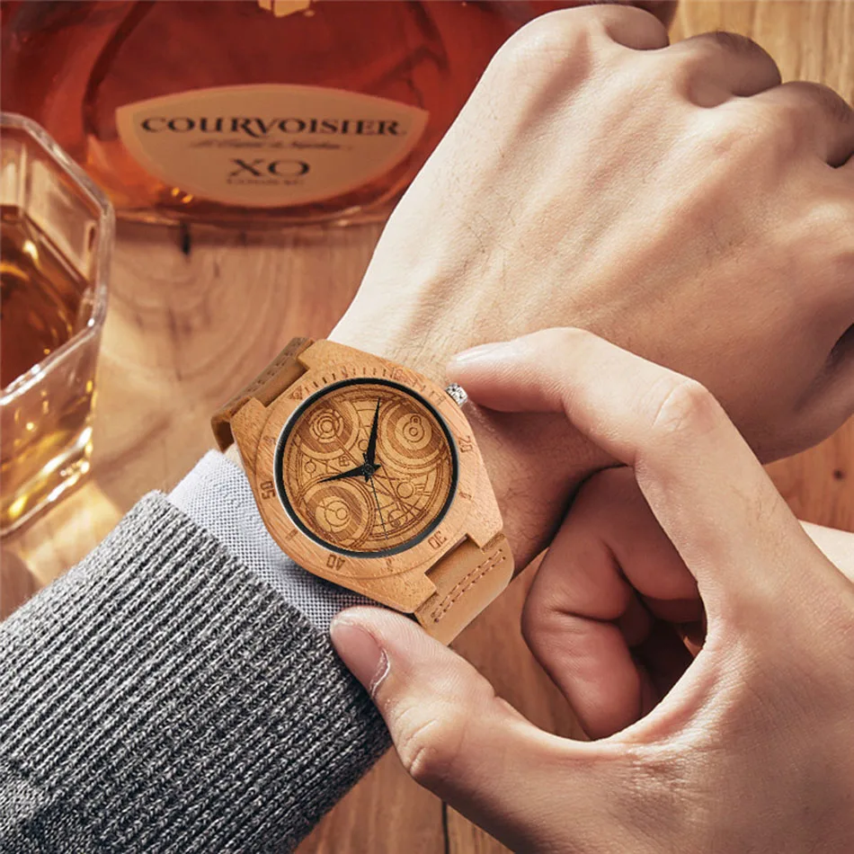Dr. Who Men Wooden Watch Nature Bamboo Fashion Genuine Leather Band Strap Quartz Wrist Watch relogio masculino (1)
