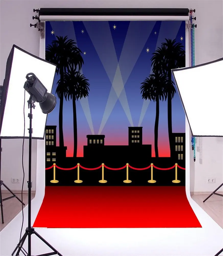 

Photography Backdrop Hollywood Stage Lights Red Carpet Coconut Tree Shining Stars Abstract Photo Background