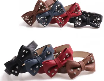 

Pet dog puppy collar PU leather with bowtie diamond rivet brown black blue necklace