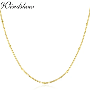 

35-80cm Slim 925 Sterling Silver w/ Gold Colour Beads Curb Chain Choker Necklaces For Women Girls Jewelry kolye collares ketting