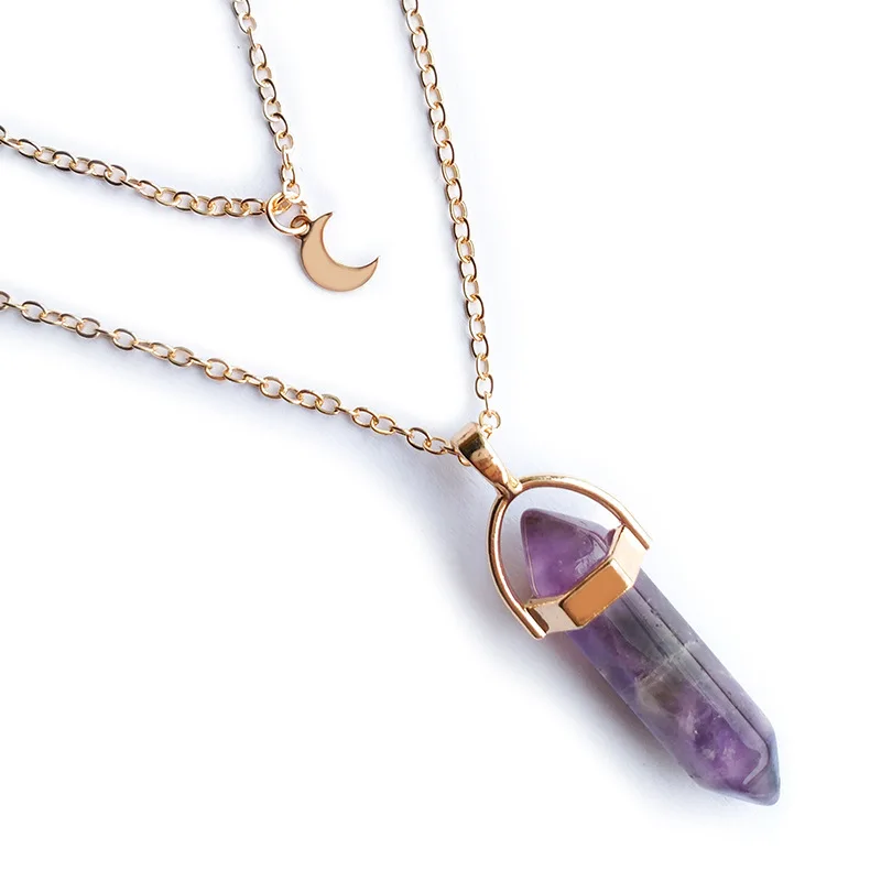 

Simple Moon Geometric Hexagon Pendant Chain Necklace Women Double Layer Choker Statement Necklace
