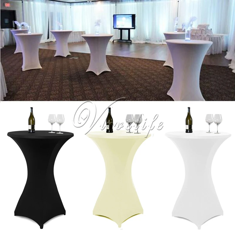 

10Pcs/Lot 80cm White/Black/Ivory Cocktail Table Cover Lycra Spandex Stretch Tablecloth For Bar Bistro Wedding Party Event Decor