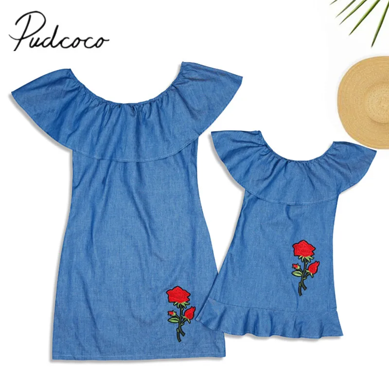 

2018 Brand New Family Clothes Lady's Mother Daughter Matching Summer Baby Girl Dress Outfit Denim Embroidery Ruffled Sundress