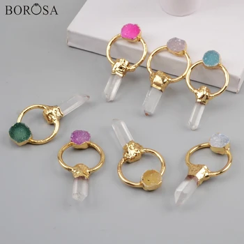 

BOROSA 5PCS Mixed Color Gild Aura Druzy Crystal Quartz Point With Agates Drusy Titanium Rainbow Druzy Charm Pendants Bead G1808