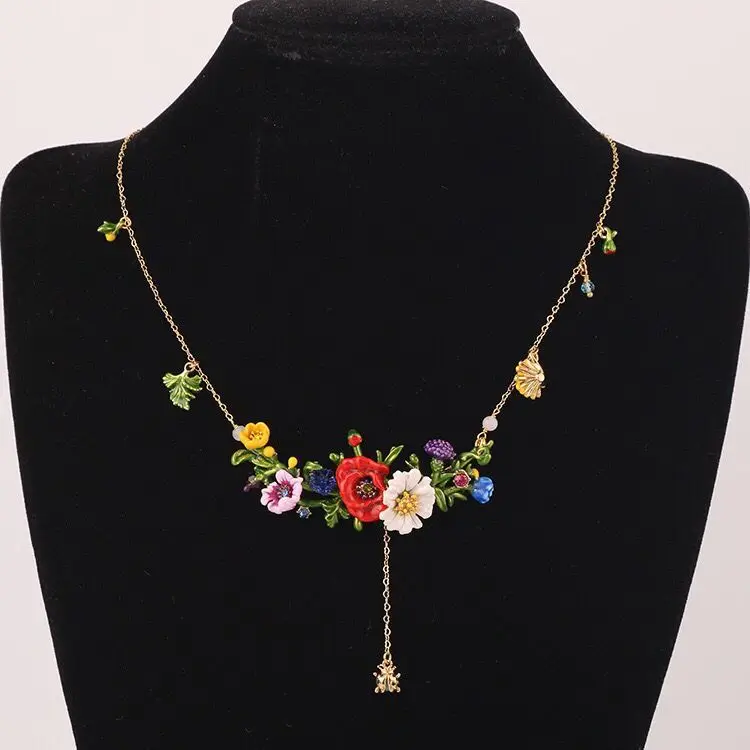 Amybaby, роскошное эмалированное глазурь, красные цветы, Маргаритка, божья коровка, женское ожерелье, серьги-гвоздики, кольцо, браслет, браслет - Окраска металла: necklace 1