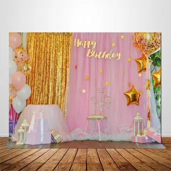 

Birthday photo backdrop for Baby Kids Pictures Studio Photography Vinyl Background Stage Balloons and Gold Curtain Design XT7411