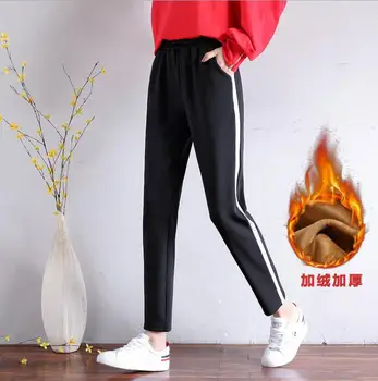 

Winter casual Pants Warm Women's Side Stripe High Waist Harem Casual Warm Pants With Stripes Women Winter Fleece Velvet Pants