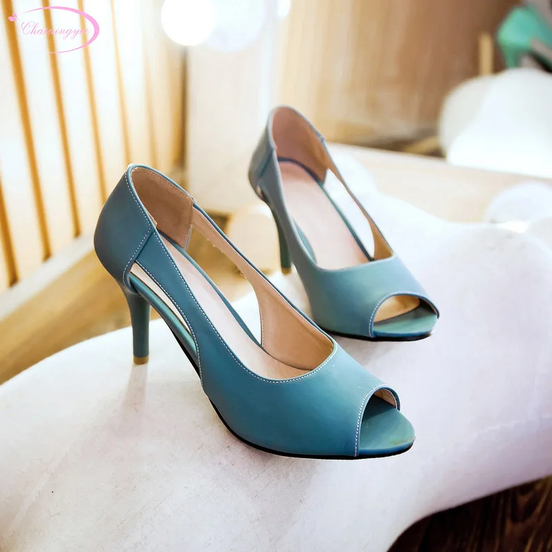 

Chainingyee casual style sexy peep toe summer sandals fashion slip-on yellow blue pink stiletto high heel women shoes big size