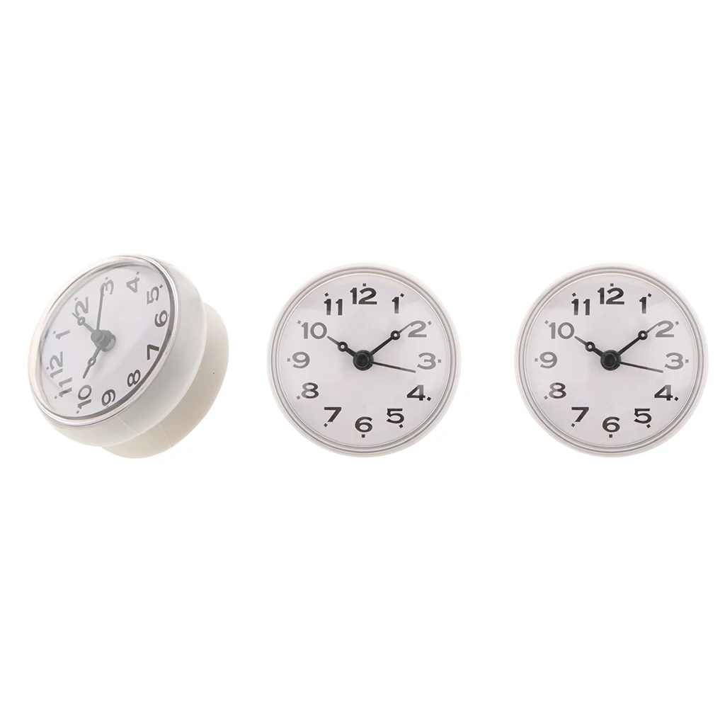 3pcs European Style Small Waterproof Round Clock for Bathroom Suction Up Mirror Window Clock, White