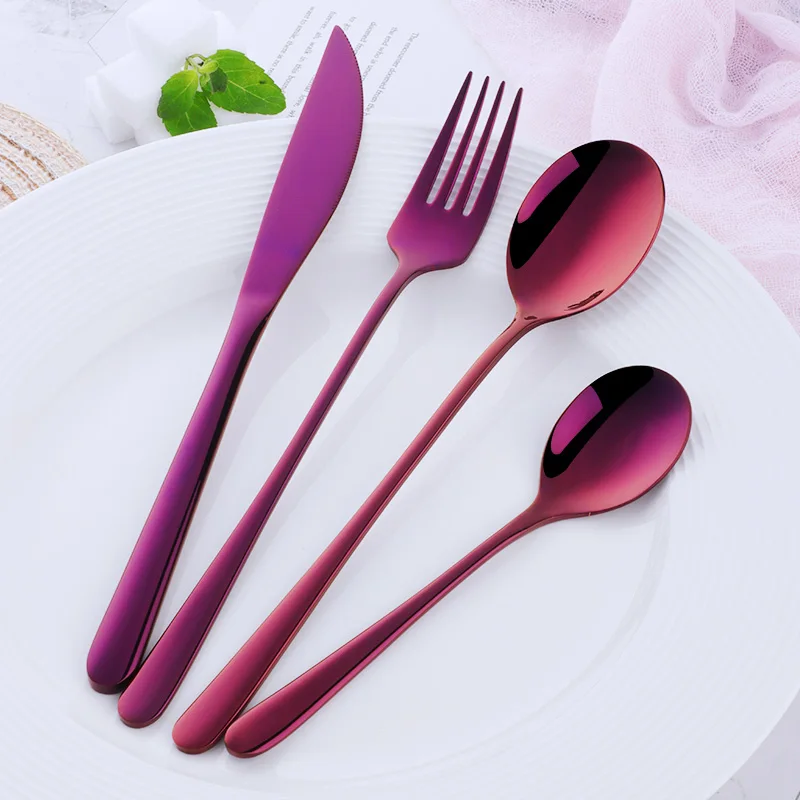 4 шт. набор посуды из нержавеющей стали, корейский набор столовых приборов, столовый нож, вилка, ложка, радужная портативная посуда, посуда для дома - Цвет: purple4pcs