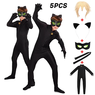 YES Spandex Ladybug Costume Jumpsuit Fancy Black Cat Adrian Marinette Super Hero Cosplay Costume For Girl Boy Adult Lady Wig - Color: child 5pcs