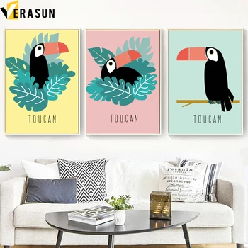 

Cartoon Toucan Leaves Wall Art Canvas Painting Nordic Posters And Prints Animal Wall Pictures For Living Room Kids Room Decor