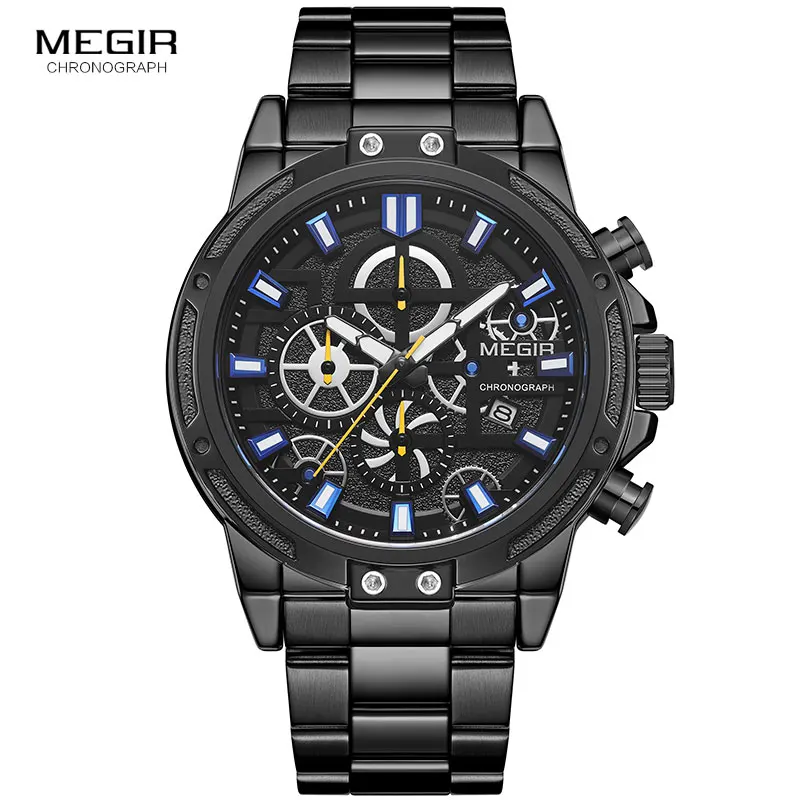 

MEGIR 2019 Stainless Steel Quartz Watches Men Chronograph Army Sport Business Wristwatch Man Relogios Masculino Clock 2108 Black