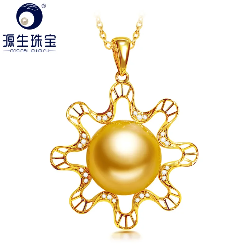 

YS Fine Jewelry Real 18k Yellow Gold Diamond 11-12 mm Original Golden South Sea Saltwater Pearl Pendant