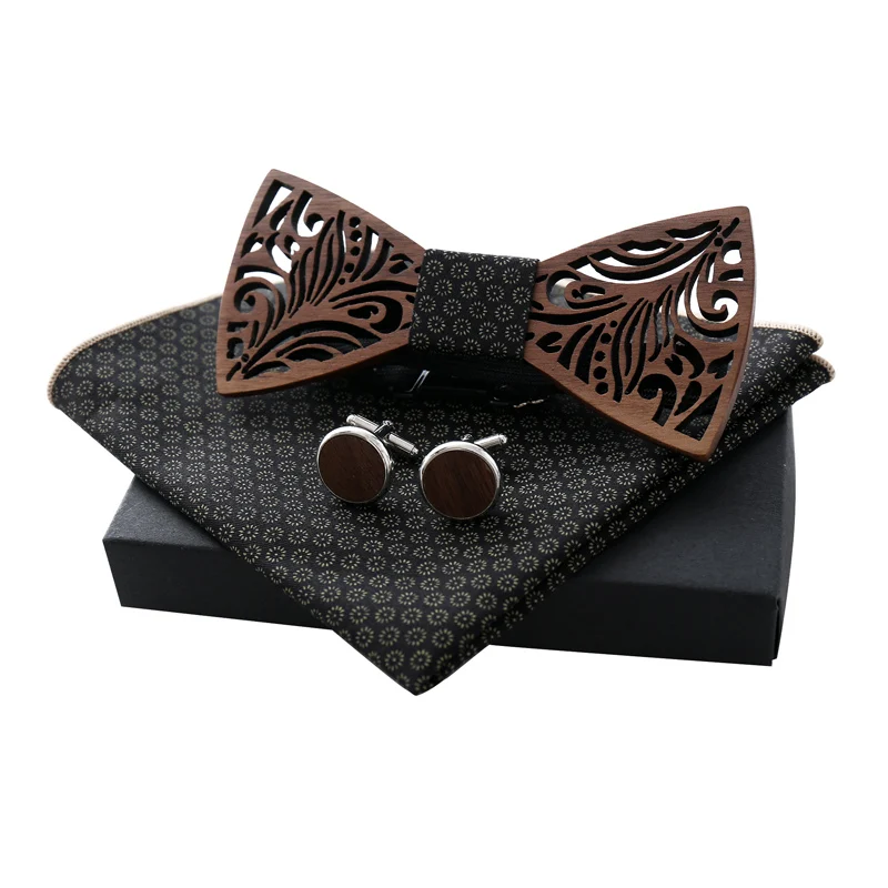 Набор из 3 предметов для свадебной вечеринки, экологичный полый деревянный галстук-бабочка с носовым платком, деревянные Запонки для женщин и мужчин Z305SQ - Цвет: C5