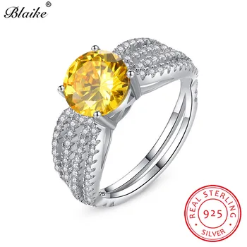 

Blaike Natural S925 Sterling Silver Round Topaz Birthstone Rings For Women AAA Yellow Zircon Vintage Wedding Bands Fine Jewelry