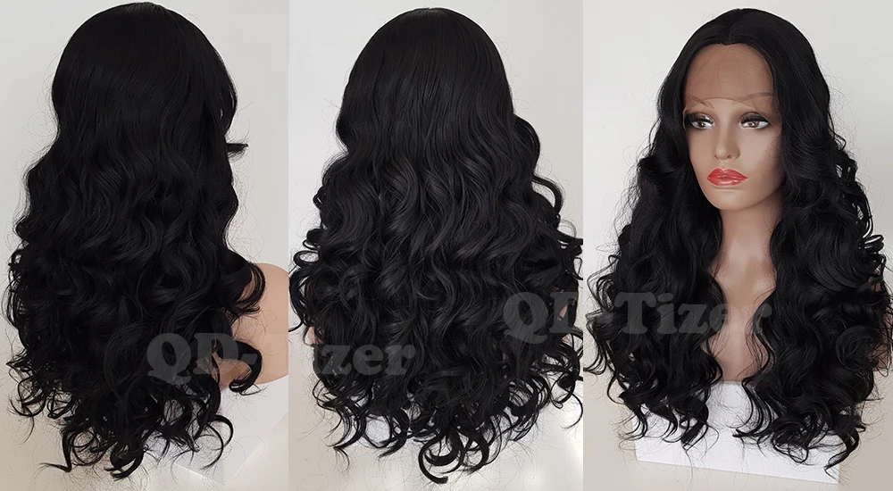 QD-Tizer Body Wave Black Color with Bangs Lace Wigs Glueless Big Wavy Heat Resistant Synthetic Lace Front Wig 180 Density Hair5