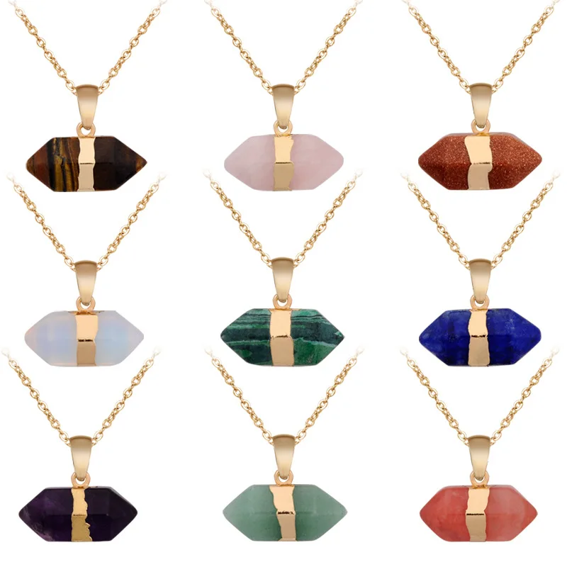 

New Natural Stone Short Hexagonal Column Quartz Pendant Gold Chain Bullet Crystal Choker Necklace for Women Fashion Jewelry