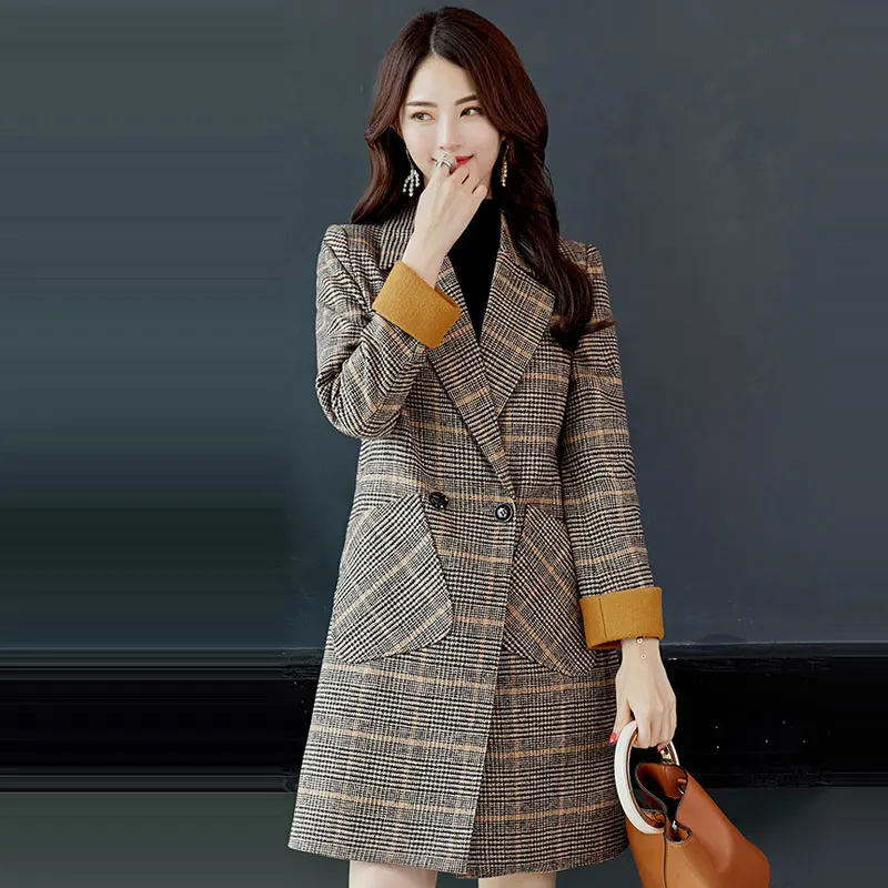 

Women plaid long coat long sleeve woollen overcoat slim outwear female winter autumn trench wool coats winter coat women Z6117