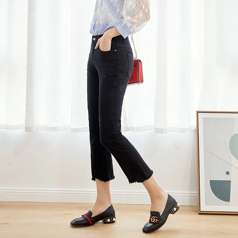 LEIJIJEANS 2019 plus size For Mom jeans Mid Waist Ankle length Cotton Flare stretchy Pant Black bootcut women capris jeans 6254