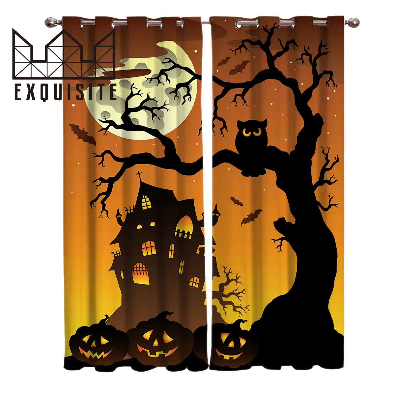 Exquisite House Curtains Halloween Castle Dead Tree Owl Moon