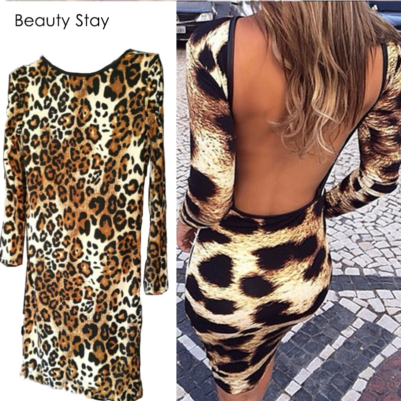

Beauty Stay Autumn Leopard Print Women Dress Cotton Sheath Knee-Length Halter Lady Bodycon Party Club Hot Evening Vestdos