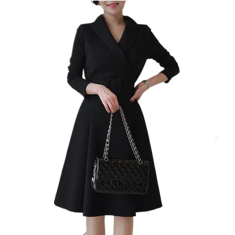 

HAMALIEL Business Big Swing Dress New 2019 Spring Women Formal Black Notched Work Dress Fashion Long Sleeve Sashes OL Vestidos