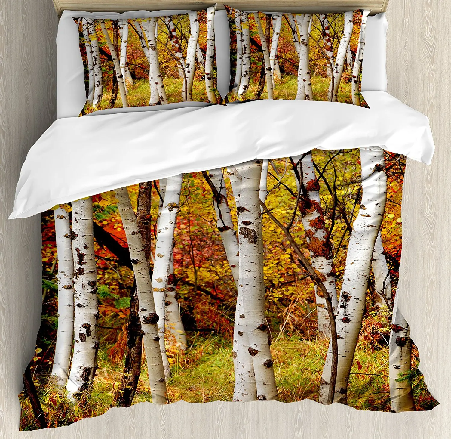 Duvet Cover Set White Fall Birch Trees With Autumn Leaves Growth