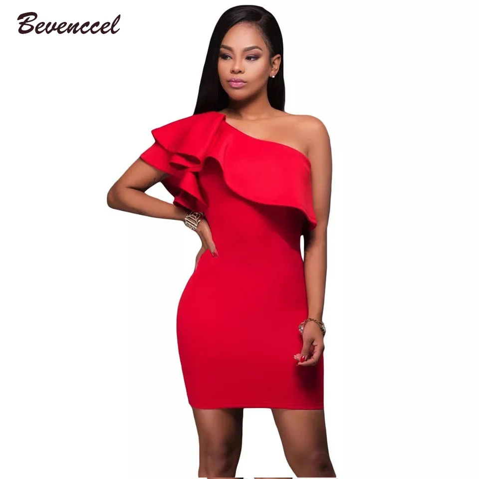 

2019 New Chic Solid Black Red Blue Women Dress Sexy One Shoulder Ruffles Bodycon Celebrity Party Mini Vestidos Bandage Dresses