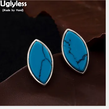 

Uglyless Real 925 Sterling Silver Natural Turquoise Bijoux Women Vintage Stud Earrings Ethnic Oval Brincos Exotic Fine Jewelry