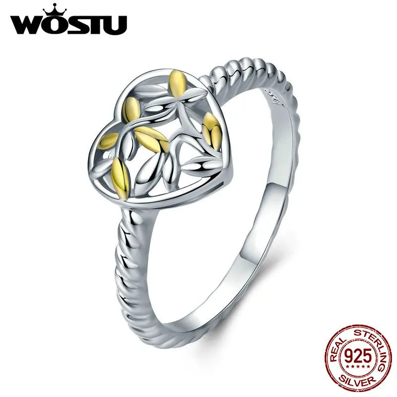 

WOSTU 100% 925 Sterling Silver & Gold Color Heart of Life Tree Finger Ring for Women Luxury S925 Silver Fine Jewelry Gift CQR326