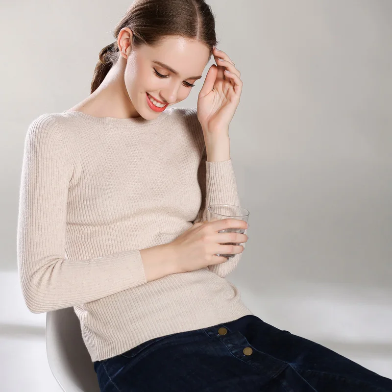 Women 35 Cashmere Fine Wool Sweaters Ribbing Slash Neck Pullover