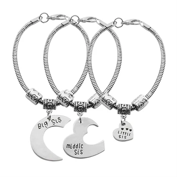 

Fashion Women's Sister Bracelet Jewelry 3 Piece/Set Big Middle Little Sister Heart Shape Pendant Rolo Chain Bracelet Sister Gift