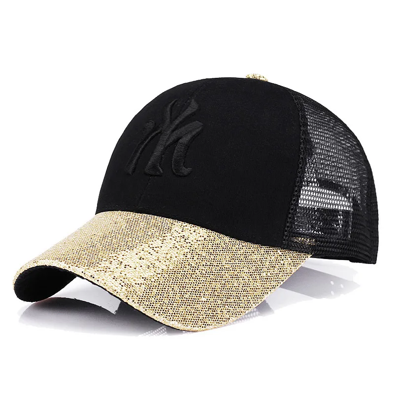Gold QIXINCAT New Fashion Shiny Glett Women Summer Sports Outdoors Adjustable Mesh Baseball Cap NY Embroidery High Quality Punk Hat - Цвет: Gold