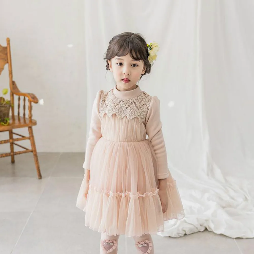 

Winter New Girls Dress Plus Velvet Thick Dress O-neck Warm Girls Lace Dress Suitable for 3-11 Years Girls Princess Dress CA554