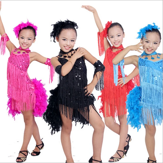 

Hot Sale Discount Feather Sequin Fringe Dancewear Latin Dance Dresses for sale Child Kids Cheap Latin Dance Dress For Girls