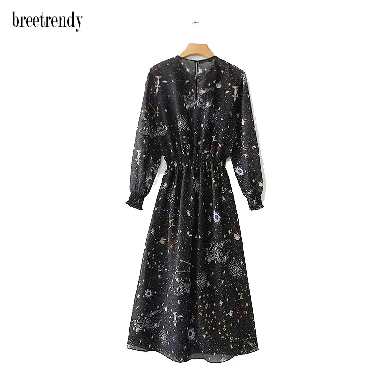 

X88 New Arrival 2018 Fashion Ladies Black Color Two Pieces Set Starry Print Long Dress Women O Neck Elastic Waist Dresses