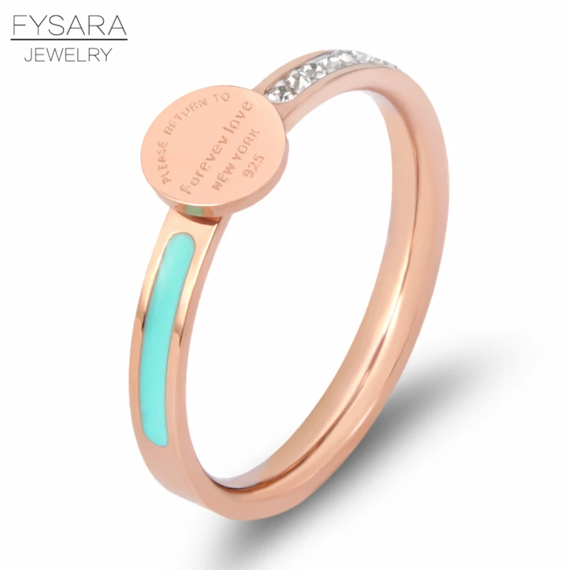 

FYSARA Stainless Steel Forever Love Enamel Blue & Crystals Ring For Women Luxury Round Tag New York Female Finger Ring T Jewelry