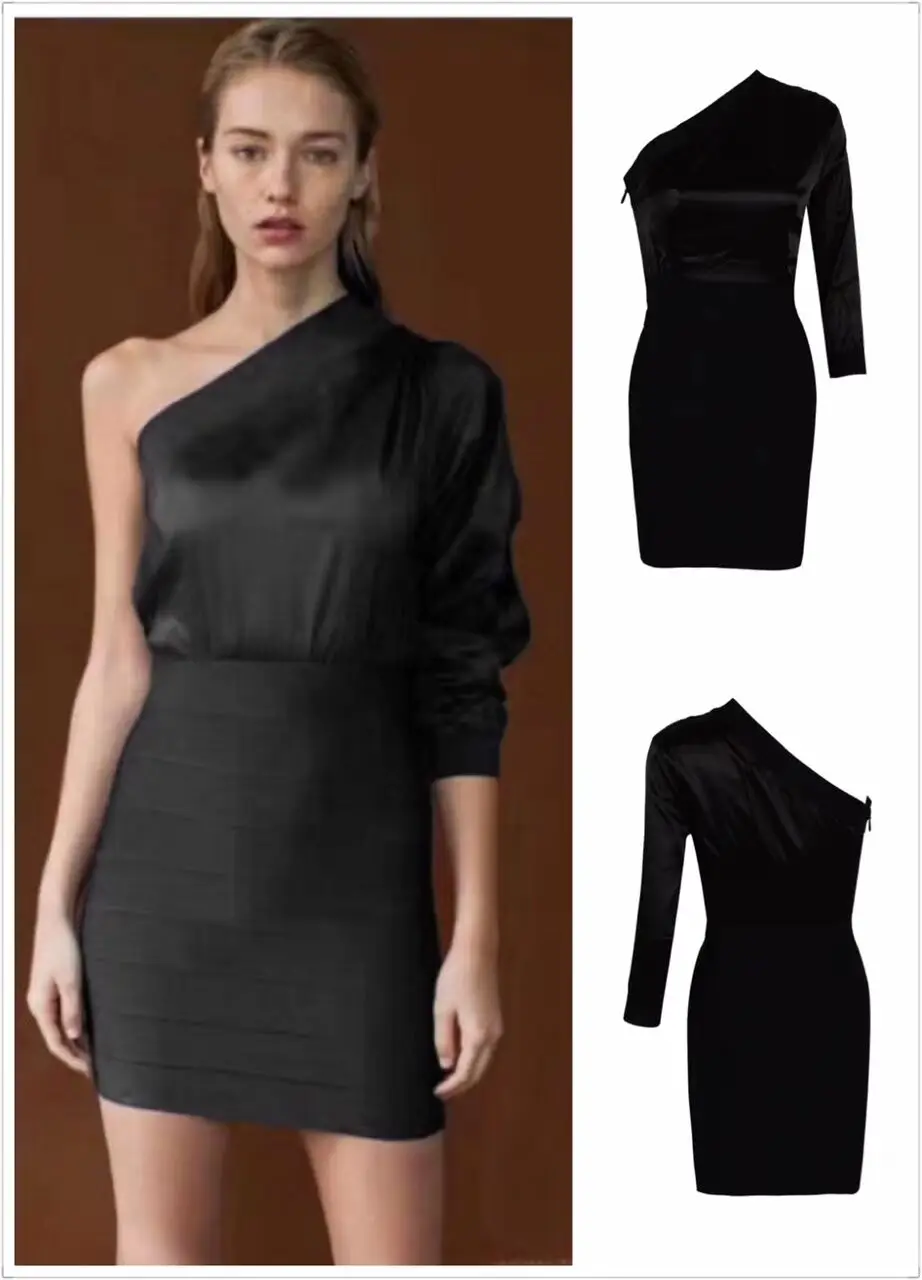 

2019 Long sleeve one shoulder black slim bandage dress Sexy evening Party Bodycon wholesale womens clothing autumn spring Wint