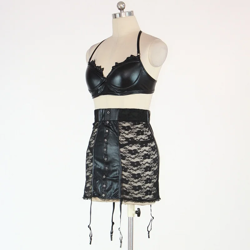 Ladies 2 Pcs Leather Dress Black Stretch Lace Transparent See Through Latex Skirt with Latex Leather Bra Sexy Lingerie Dress (3)