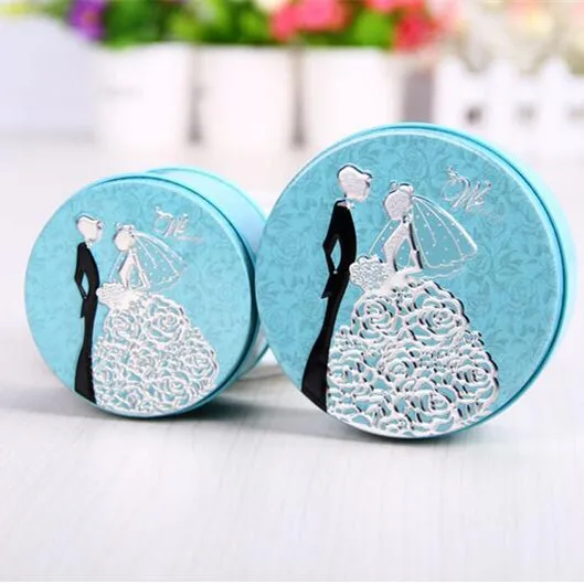 

Free shipping pink blue purple red round bride and groom wedding tin box S and L size , DC22