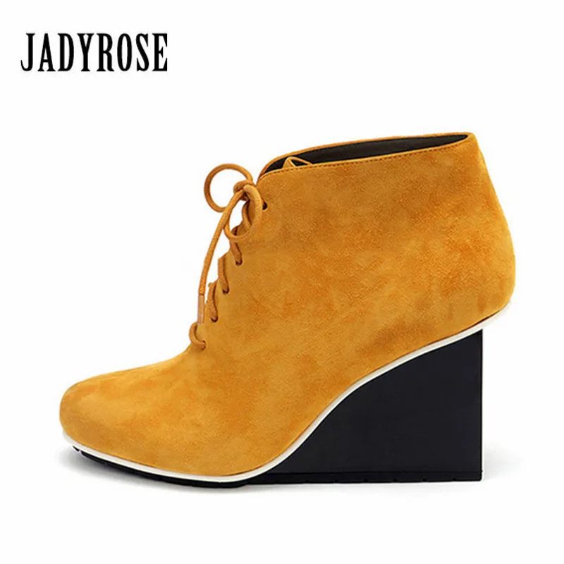 

Jady Rose Fashion Yellow Women Ankle Boots Suede Strange Heel Lace Up Botas Mujer High Heel Wedge Shoes Woman Women Pumps