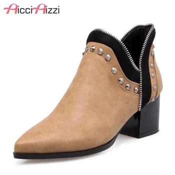 

ZALAVOR Women High Heels Ankle Boots Sexy Pointed Toe Rivets Shoes Women Thick Heel Short Boots Party Footwear Size 32-43