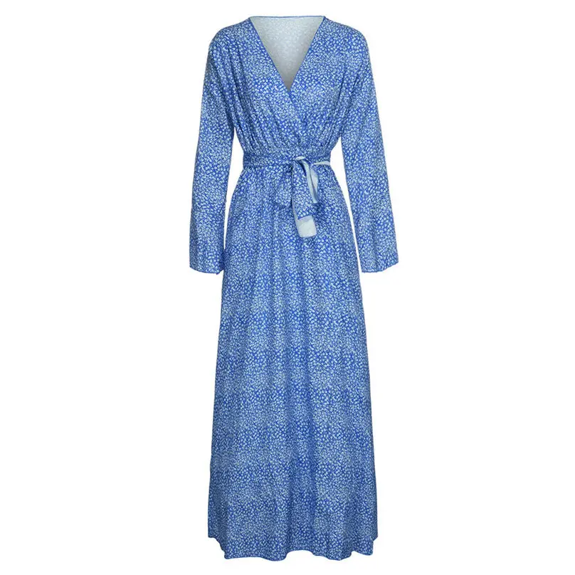 Fashion Women V-Neck Long Dress 2019 Flare Sleeve Elegant Bohemia Floral Print Bow Bandage Maxi Dress Vestidos Plus Size 3Y22 (8)
