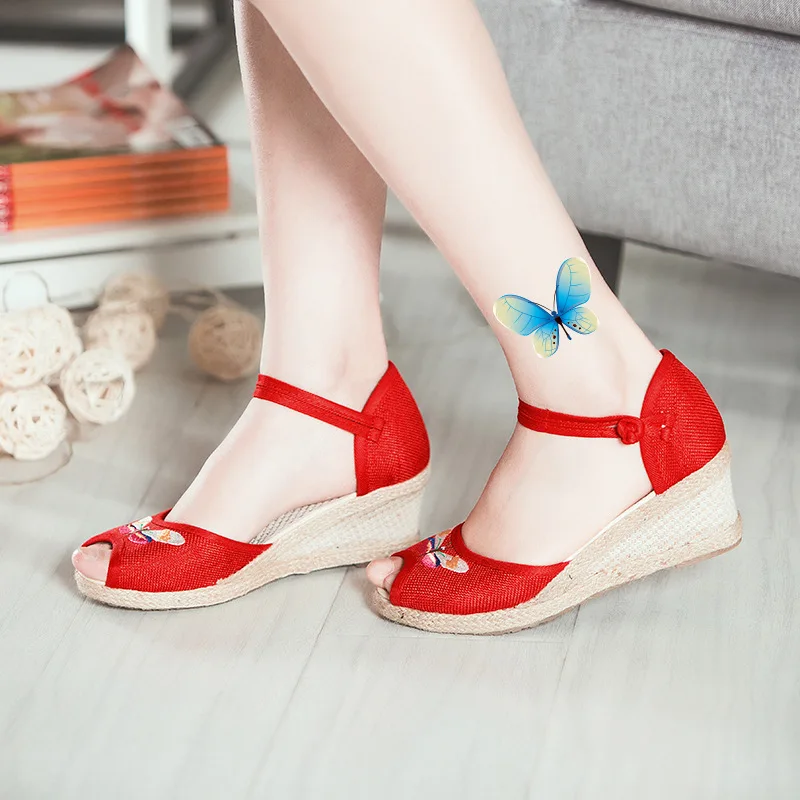 Zhen Zhou 2019 Women Sandals Casual Linen Canvas Wedge Sandals Summer Ankle Strap Med Heels Platform Pump Espadrilles Shoes