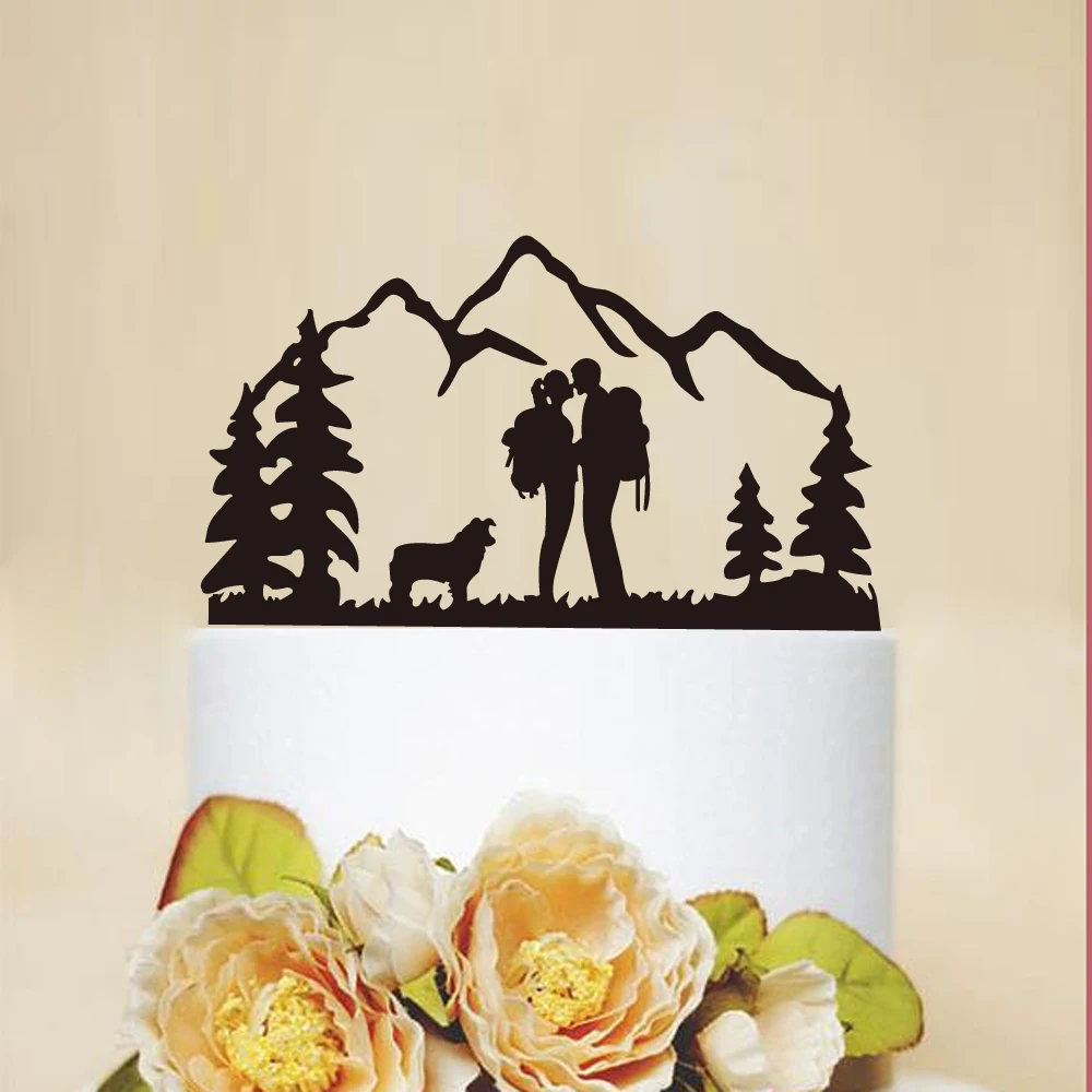 Wedding Cake Topper Kiss Couple With Dog Wood Gold Silver Cake Topper Mountain Outdoor  Adventure Wedding Cake Topper